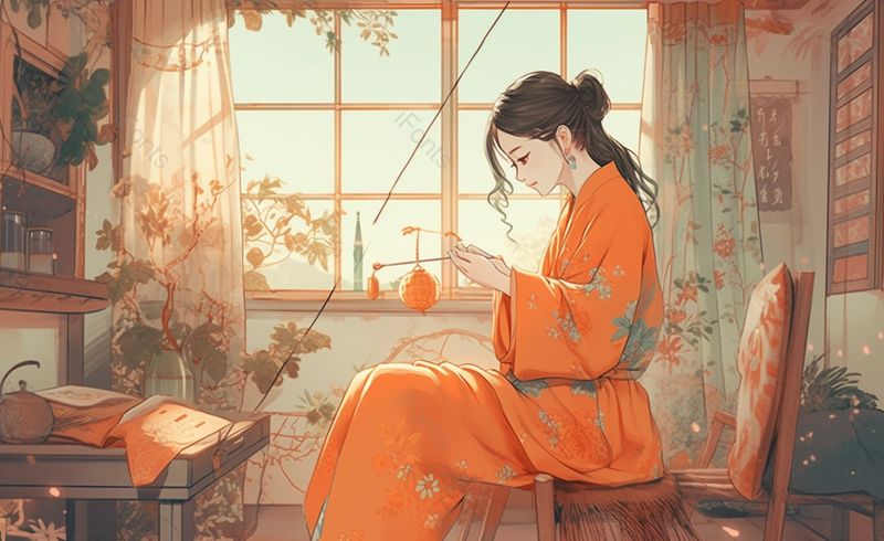 窗边女子做灯笼卡通手绘场景,插画/手绘图,插画/手绘图库,插画/手绘图下载,插画/手绘